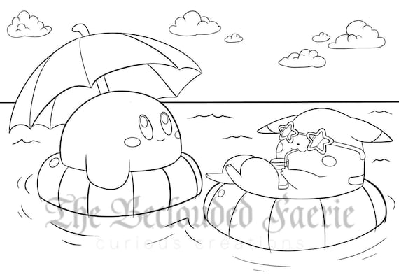 Kirby and pikachu summer ocean coloring page