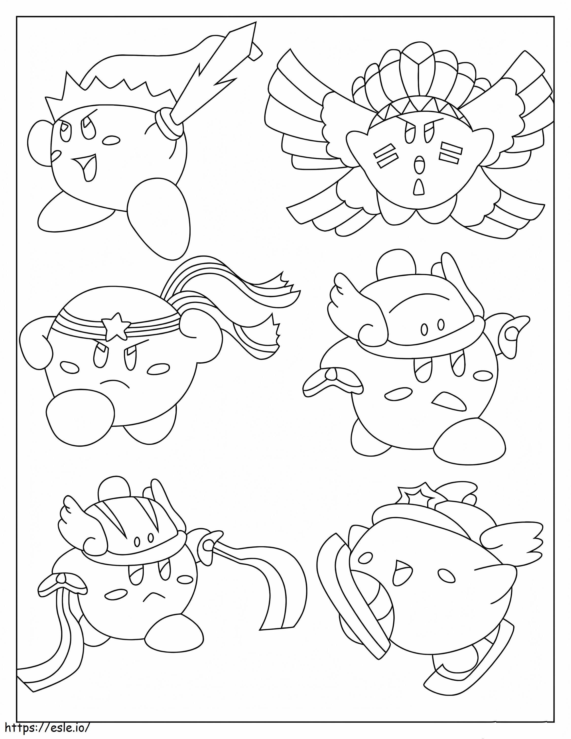 Six kirby skins coloring page