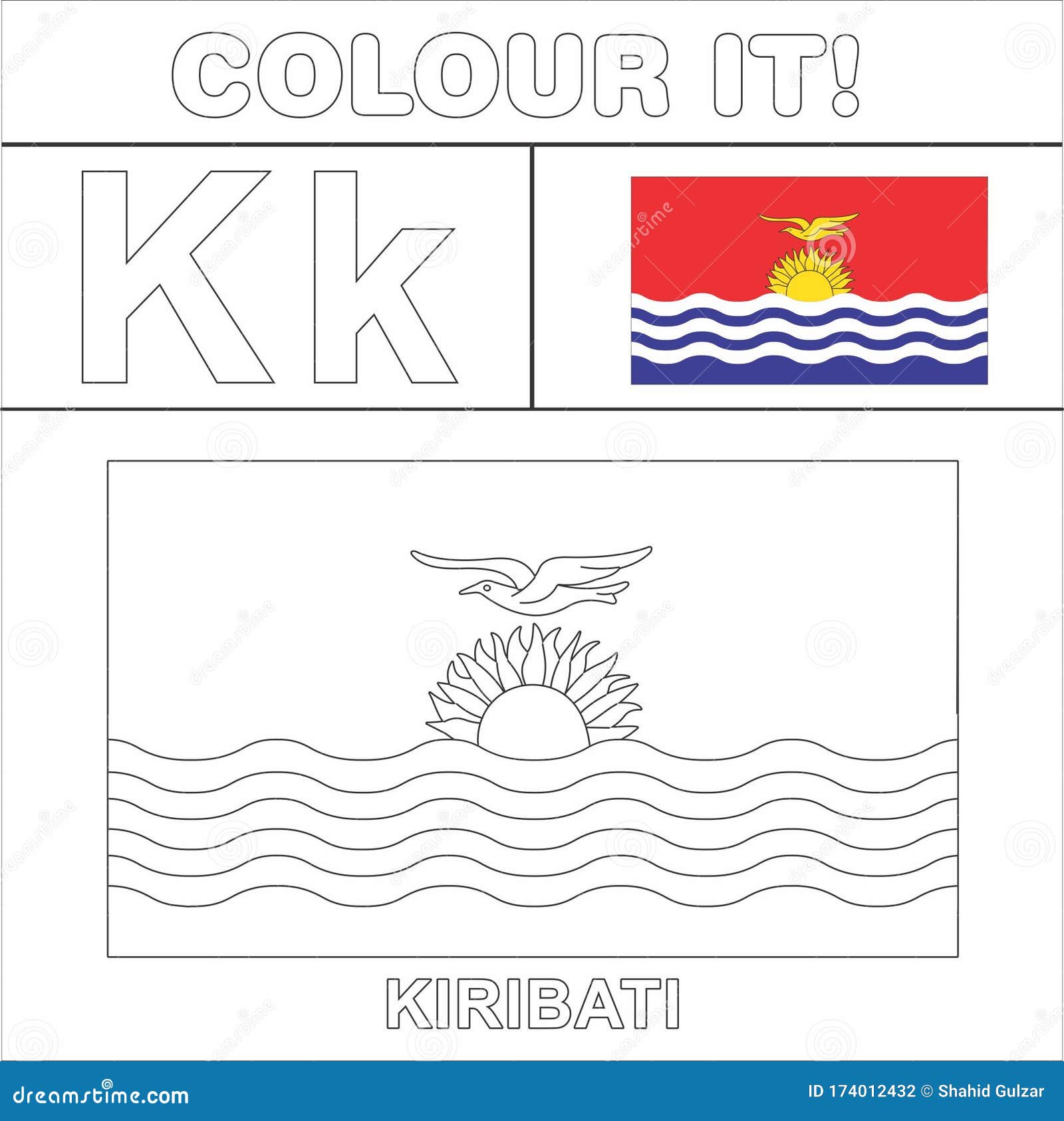 Colour it kids colouring page country starting from english letter k kiribati how to color flag stock illustration