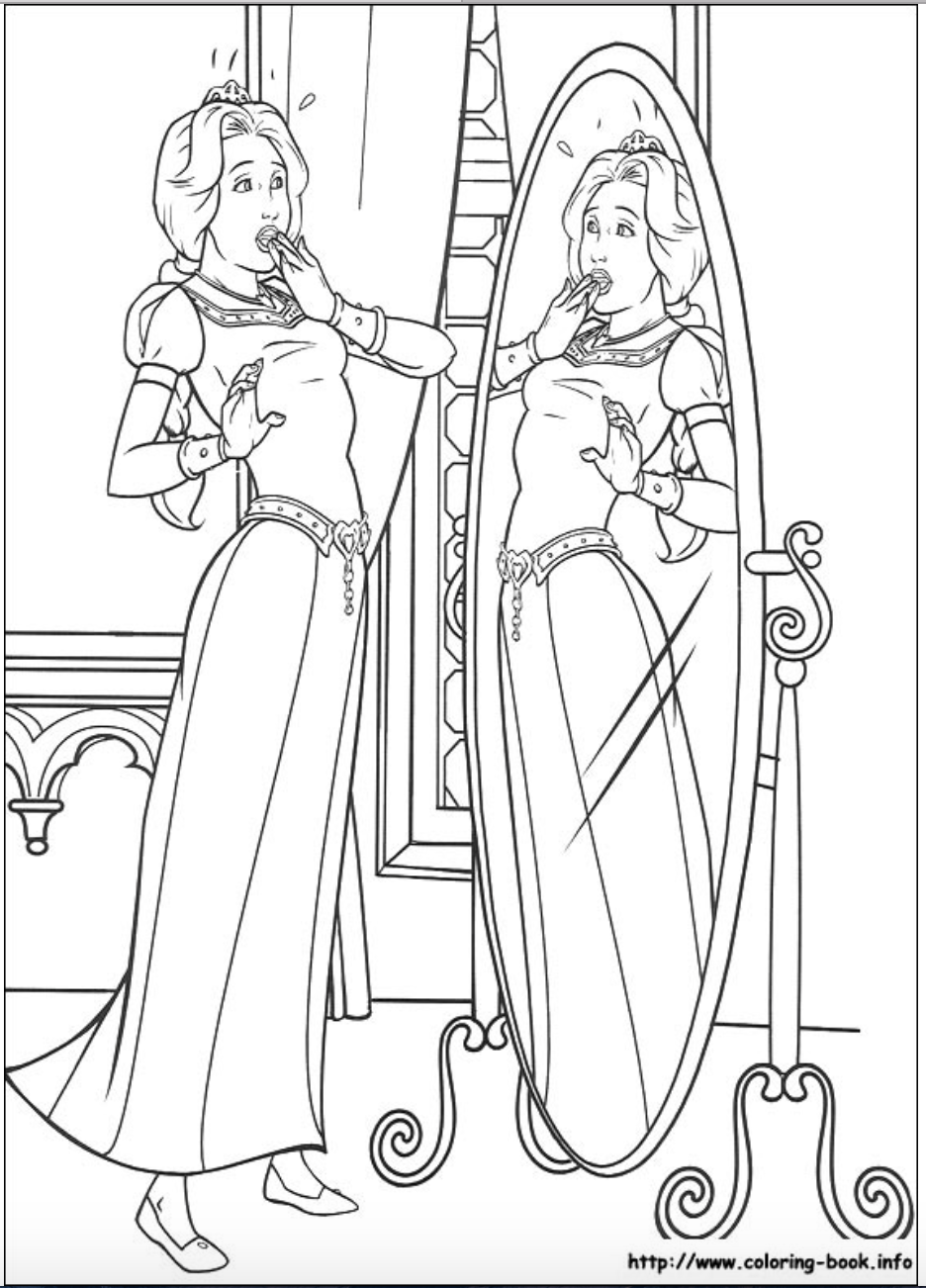 Princess fiona and her beautiful reflection in the mirror coloring page princess coloring princess coloring pages disney princess coloring pages