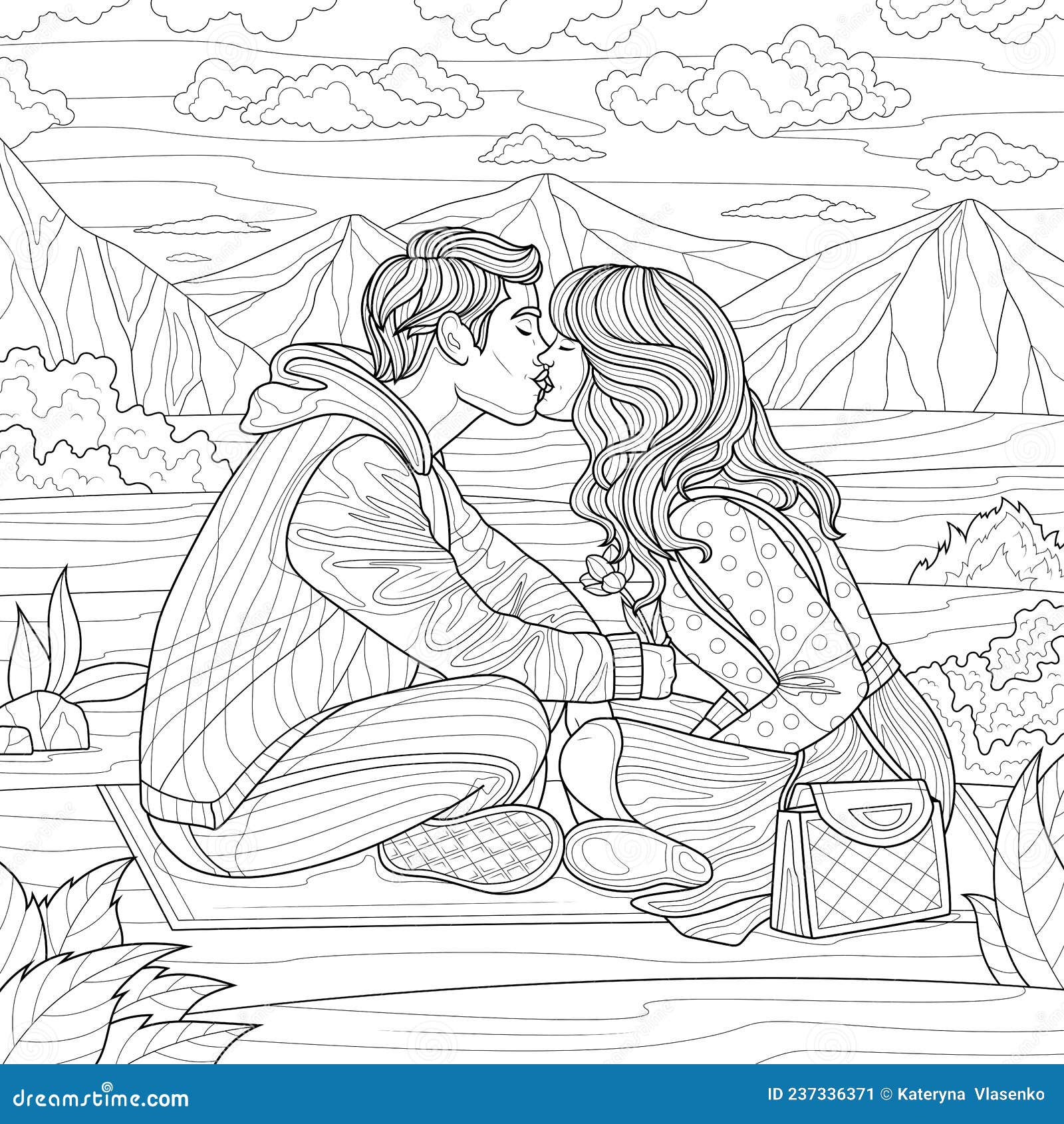 A guy and a girl kiss near the mountainscoloring book antistress for children and adults stock vector