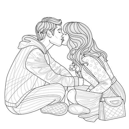 Guy and girl kisscoloring book antistress for children and adults illustration isolated on white backgroundzen