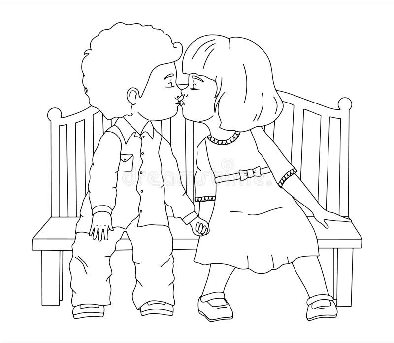 Little boy and girl kissing outline vector cute illustration for coloring book stock illustration