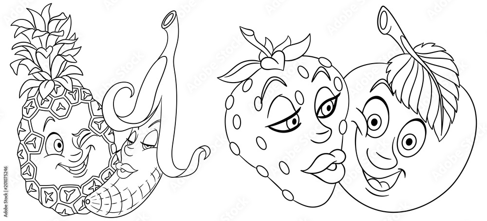 Coloring pages cartoon fruits in love lovely kiss emoticons emoji for valentines day vector