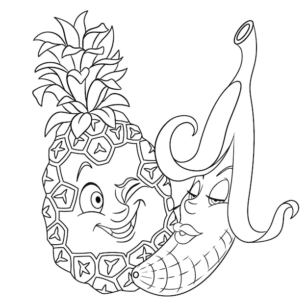 Premium vector cute pineapple and banana kissing cartoon funny food emoji face kids coloring page