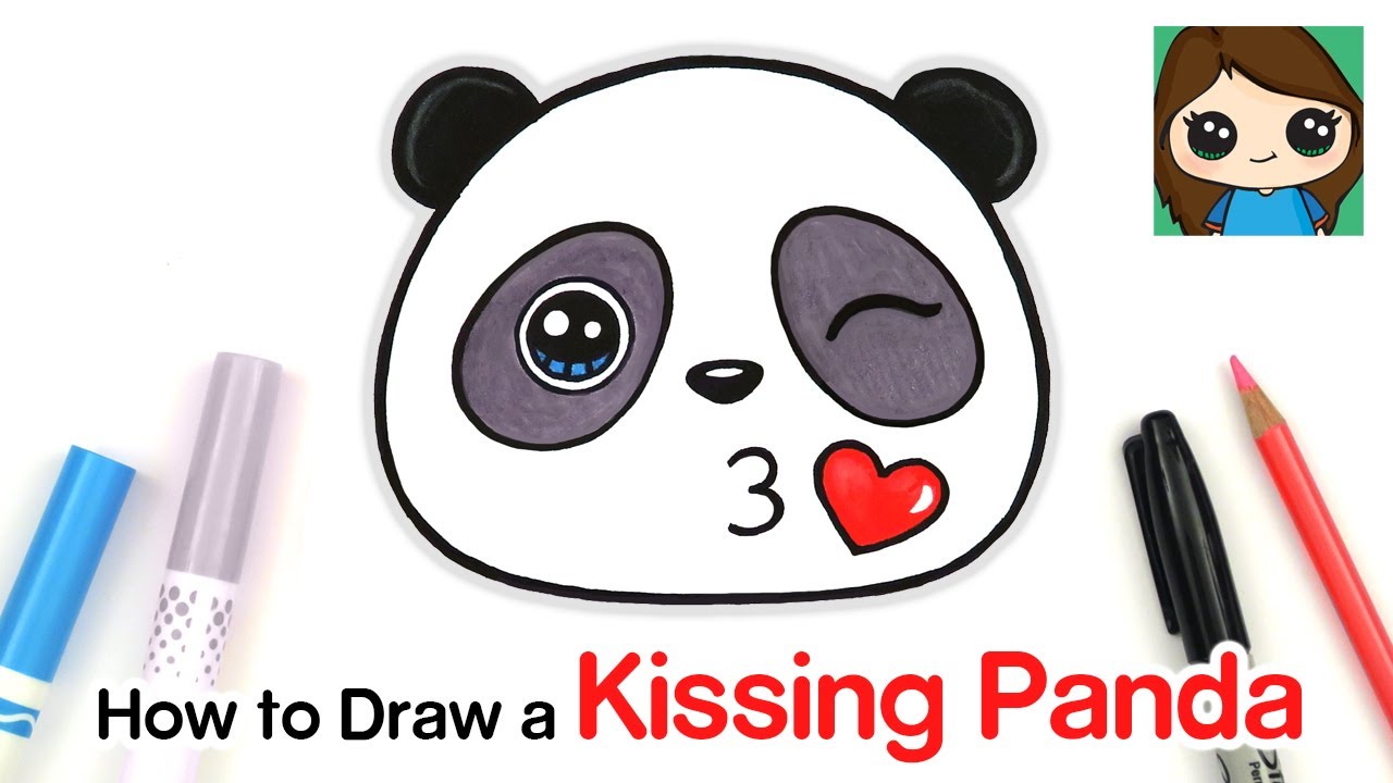 How to draw color a panda kissing emoji easy
