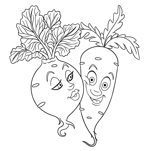 Premium vector cute beet and carrot kissing cartoon funny food emoji face kids coloring page