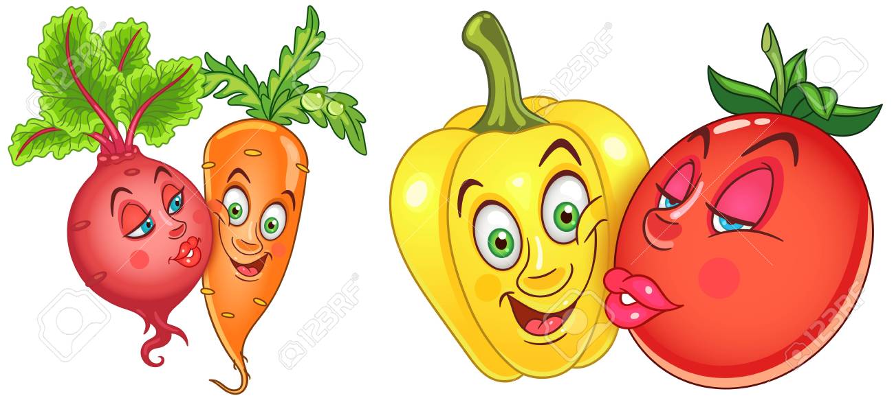 Cartoon vegetables in love lovely kiss emoticons smiley emoji design element for valentines day greeting card kids coloring book colouring page t