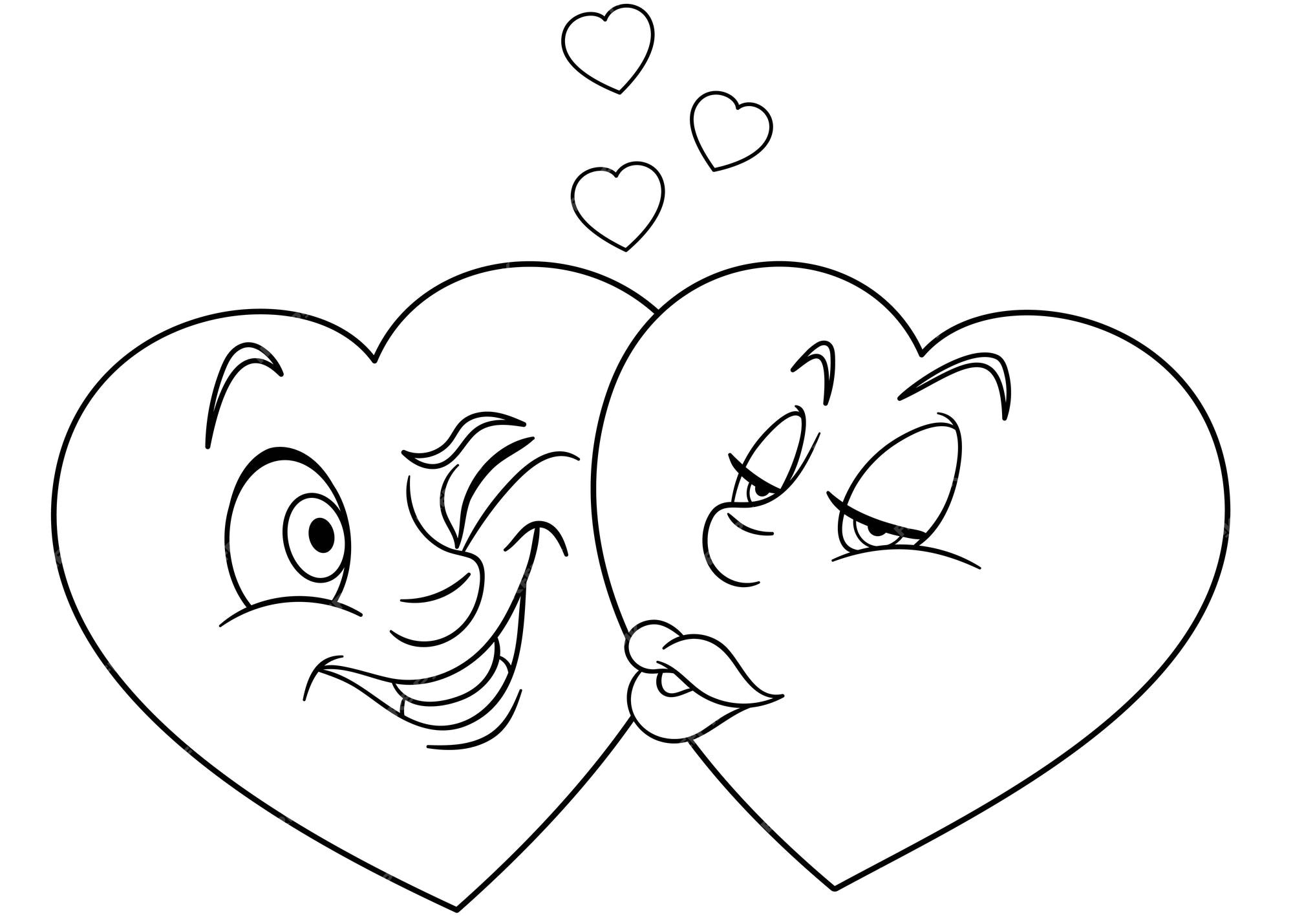 Premium vector cute heart emoji characters kissing cartoon funny food emoji face kids coloring page