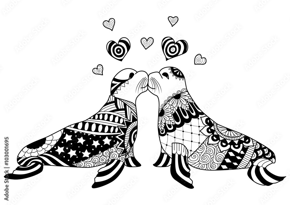 Hand drawn zentangle seals couple kissing for coloring book for adult valentines and wedding card design element and other decorations vector