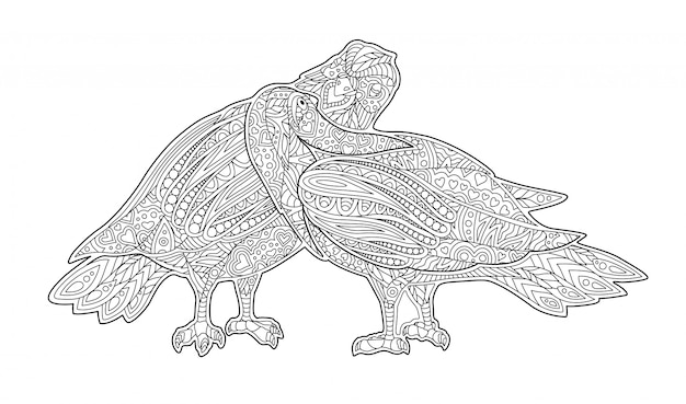 Premium vector adult coloring book page with two kissing pigeons