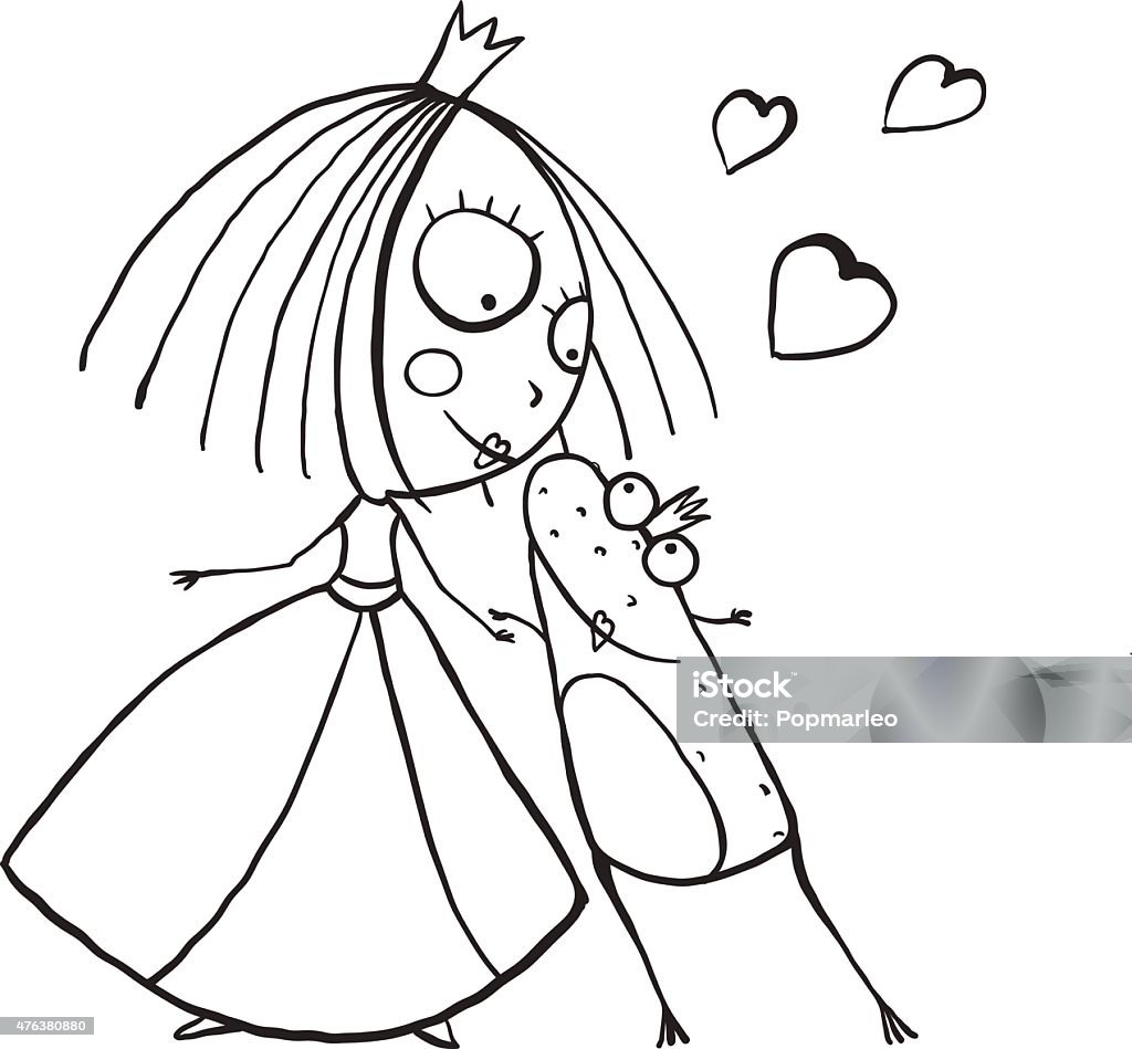 Baby princess and prince frog kissing coloring page stock illustration
