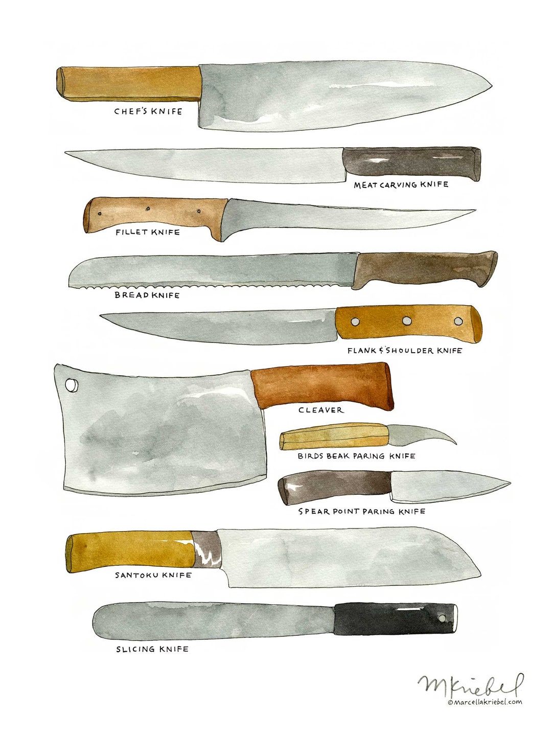 Kitchen knives various types of chefs blades diagram x watercolor illustration art print kitchen tools art