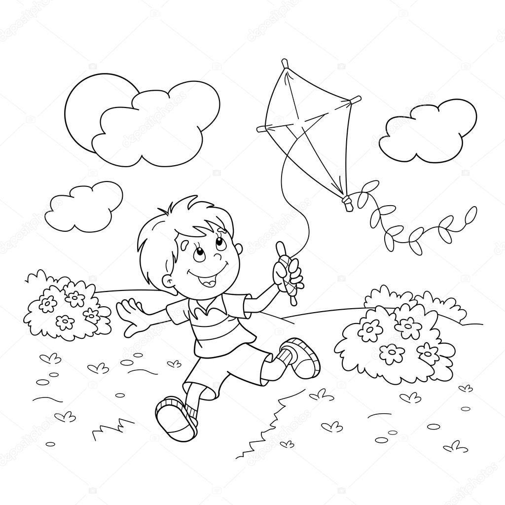 Coloring page outline of cartoon boy running with a kite coloring book for kids stock vector by oleon
