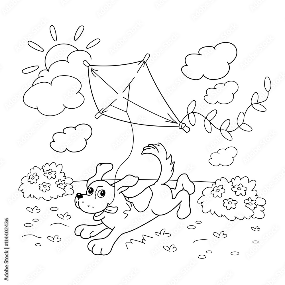 Coloring page outline of cartoon dog with a kite coloring book vector
