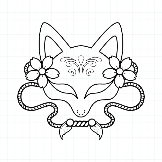 Premium vector japanese kitsune mask coloring page vector illustration