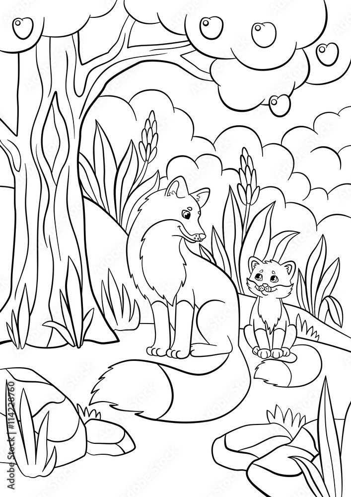 Coloring pages wild animals mother fox with her little cute baby vector