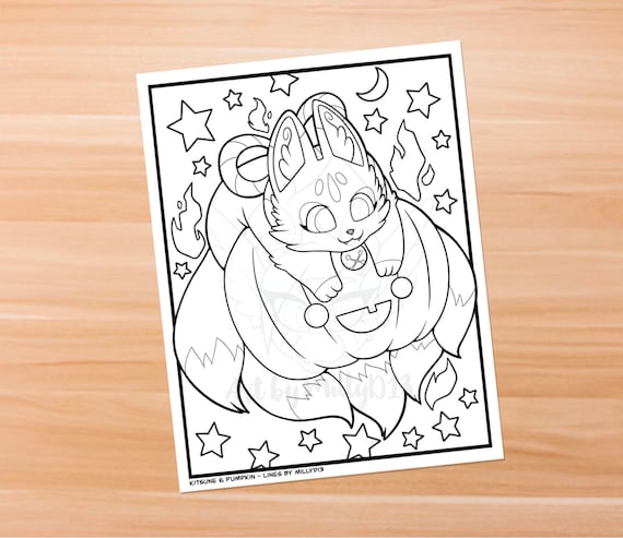 Kitsune pumpkin printable coloring page for kids teens and adults download now