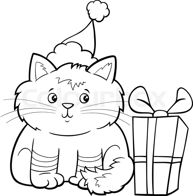 Cartoon kitten on christmas time coloring book page stock vector