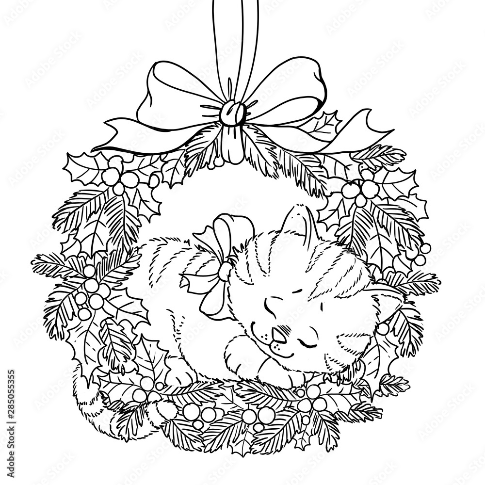 Christmas wreath coloring page doodle pattern with cute sleeping kitten and a bow illustration