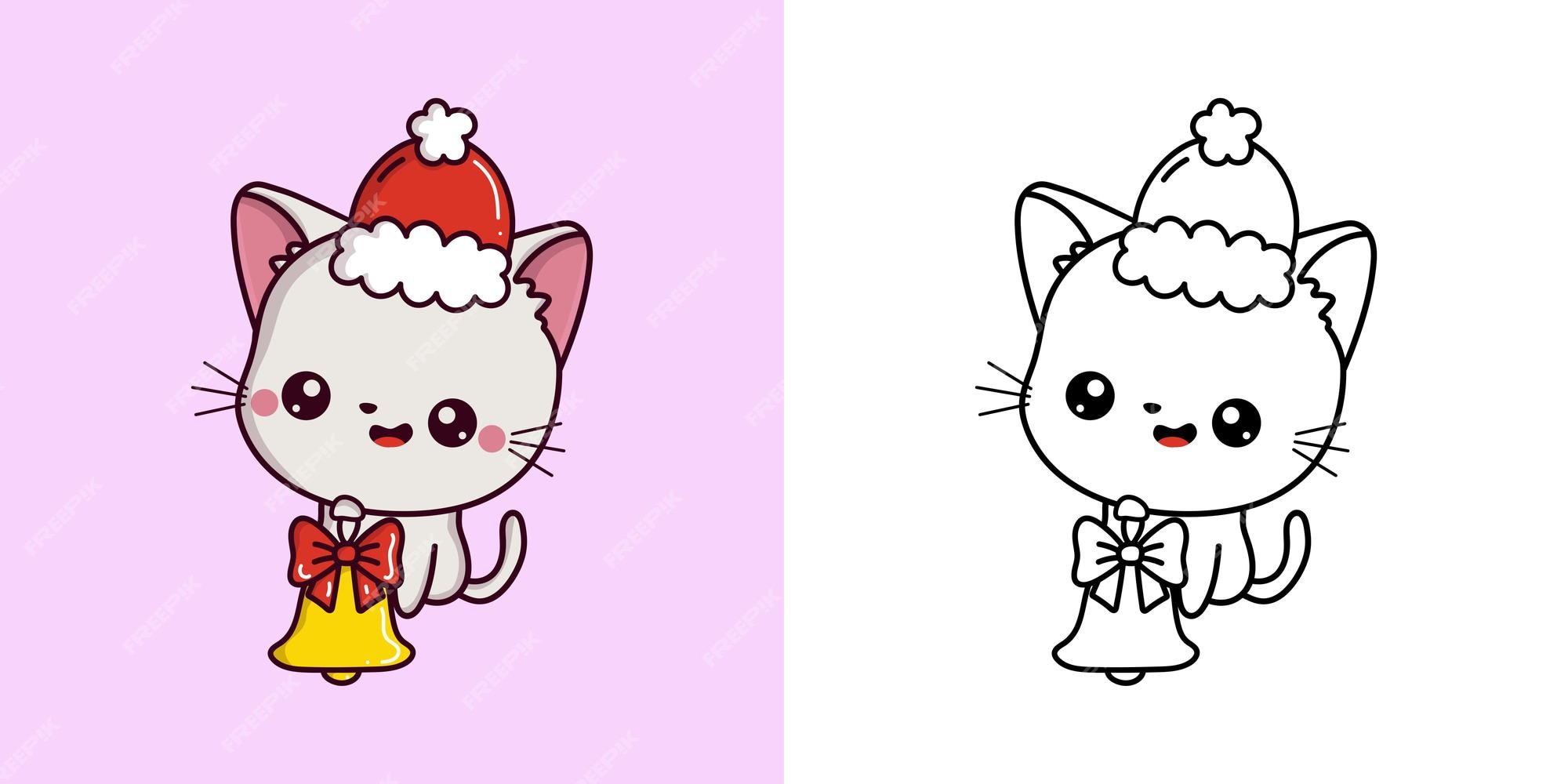 Premium vector kawaii xmas white cat multicolored and black and white beautiful clip art christmas kitten