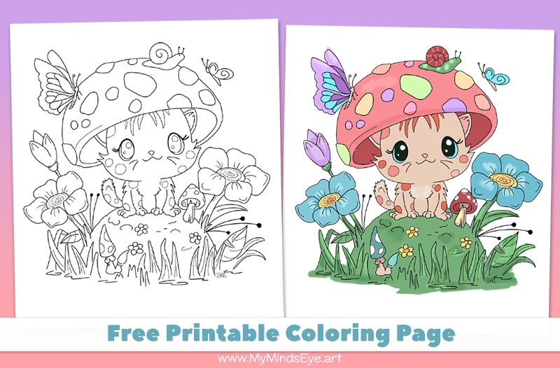 Mushroom kitten coloring page c