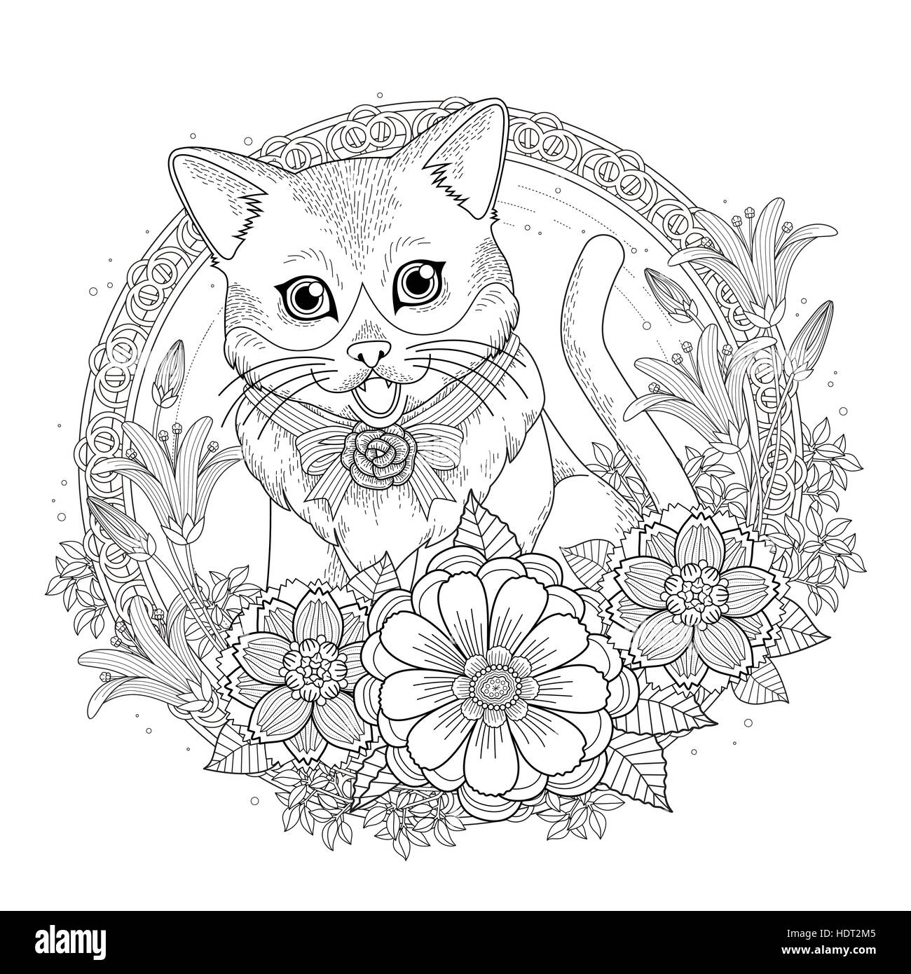 Adorable kitty coloring page with floral wreath in exquisite line stock vector image art