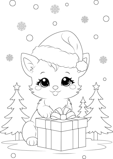 Premium vector coloring page a cat with a gift and pine trees christmas colouring page