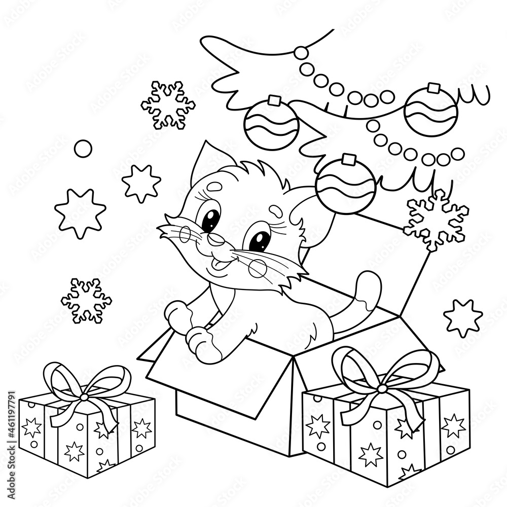 Coloring page outline of christmas tree with gifts and with little cat christmas new year coloring book for kids vector