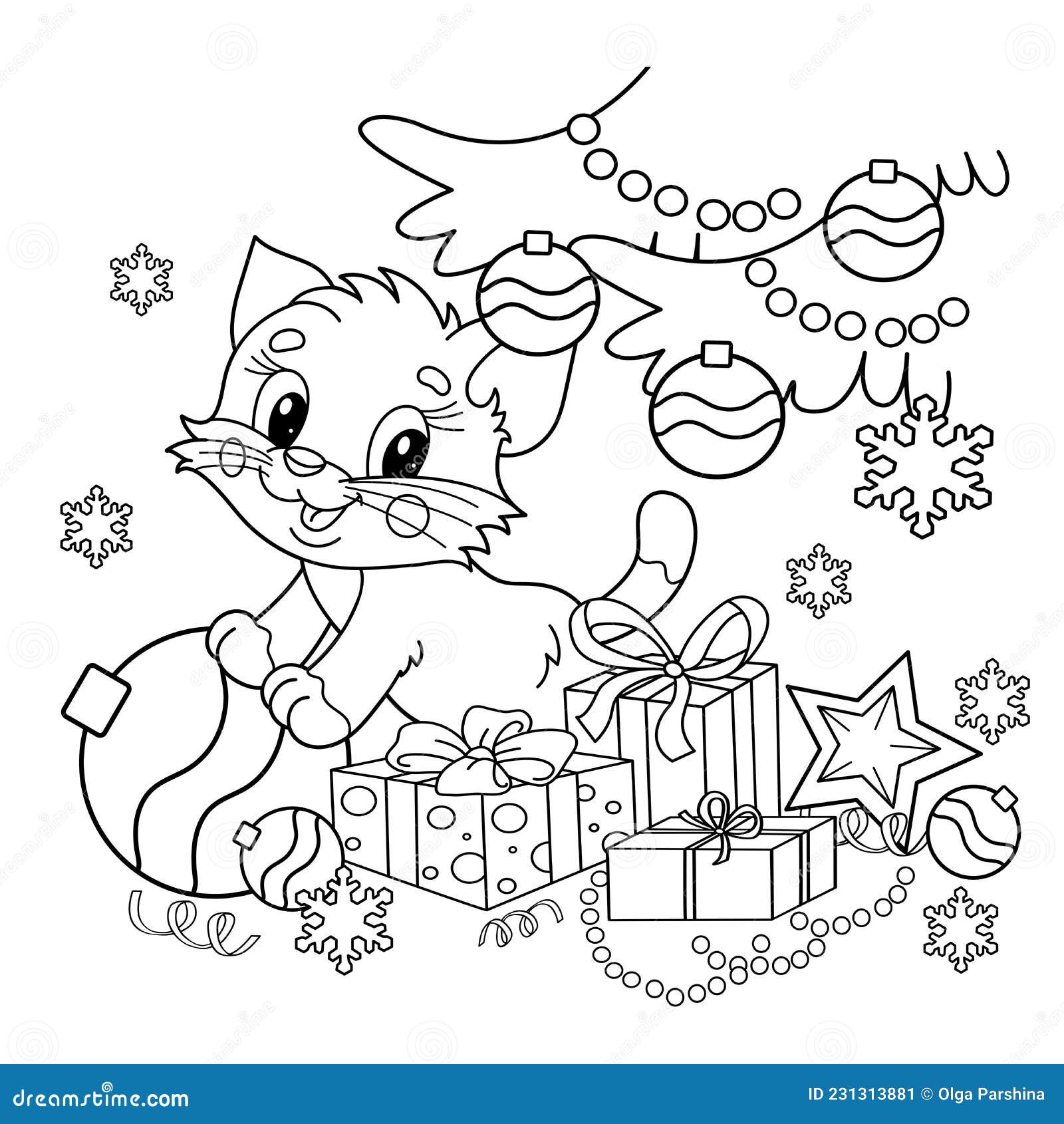 Coloring page outline of christmas tree with gifts and with little cat christmas new year stock vector