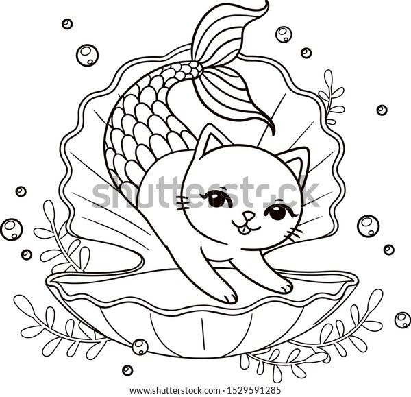 Cute mermaid kitten seashell vector outline stock vector royalty free