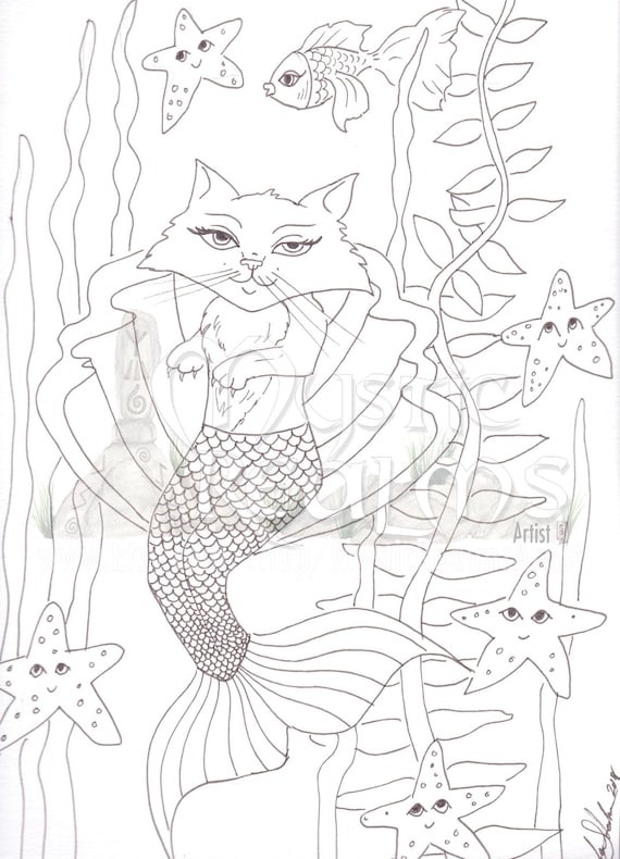 Mercat cat mermaid coloring page download mermaid hand drawn fantasy art retro s