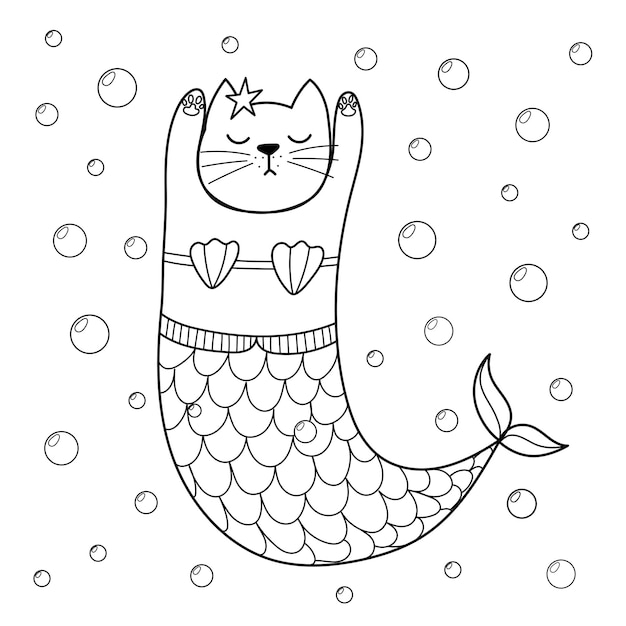 Premium vector cute cat mermaid coloring page black and white print with a cute feline character underwater