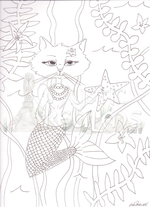 Mercat cat mermaid coloring page download mermaid hand drawn fantasy art retro s