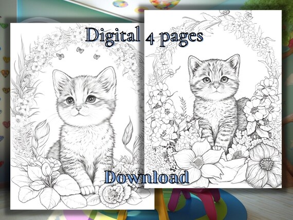 Cute floral kitty set of printable coloring pages for adults and kids ai generated instant digital downloads jpg and pdf