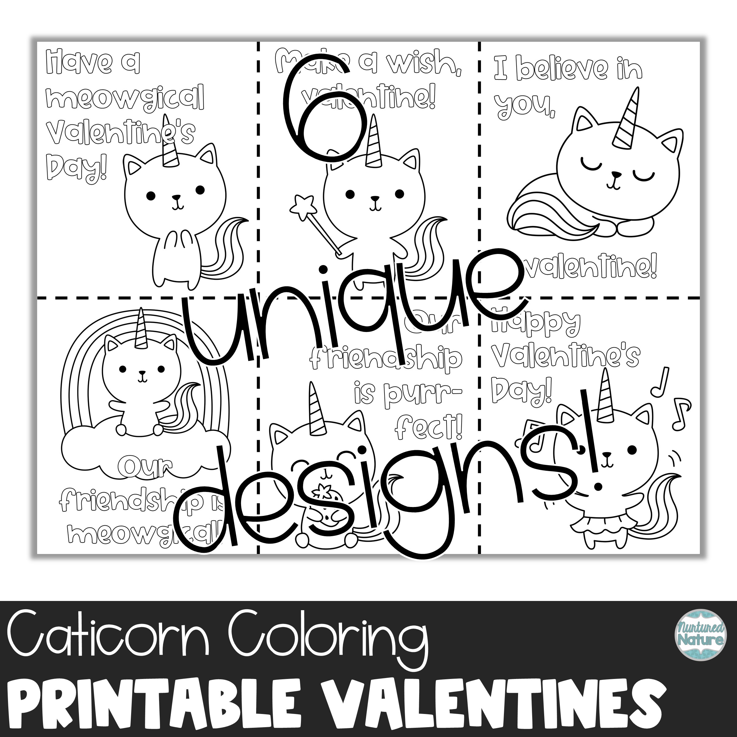 Kittycorn coloring valentines day cards for students