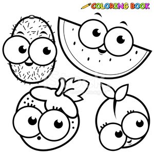 Coloring book fruit cartoon set kiwi watermelon strawberry peach stock clipart royalty