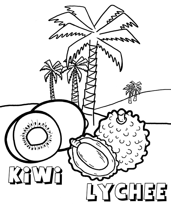 Kiwi and lychee and other exotic fruits to color
