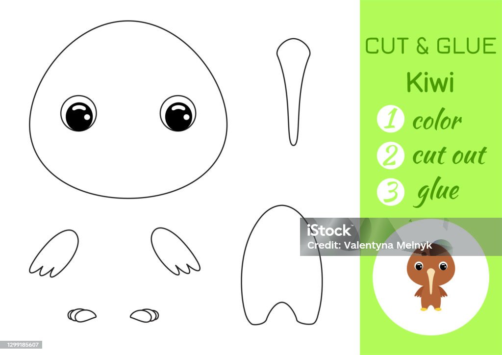 Coloring book cut and glue baby kiwi educational paper game for preschool children cut and paste worksheet color cut parts and glue on paper vector illustration stock illustration