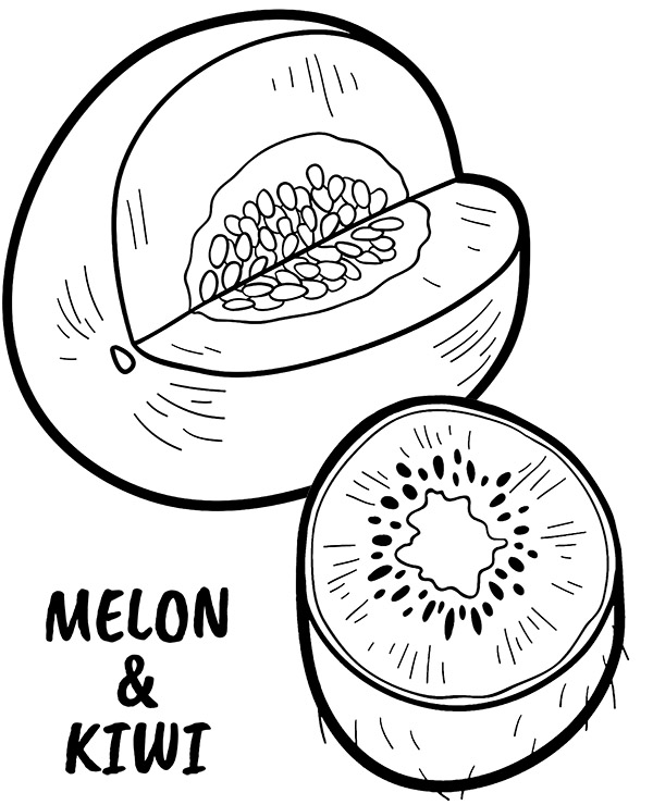 Printable kiwi and melon coloring page