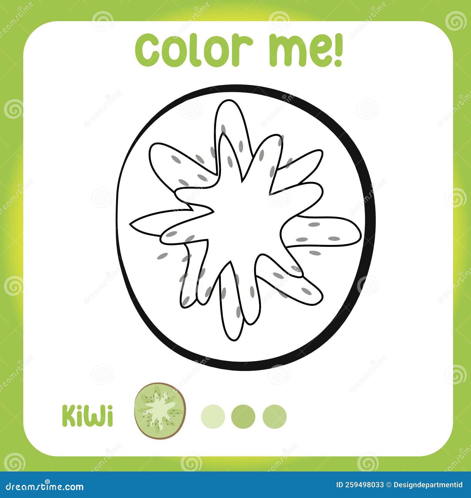 Color me kiwi fruit printable coloring page for toddlers stock vector