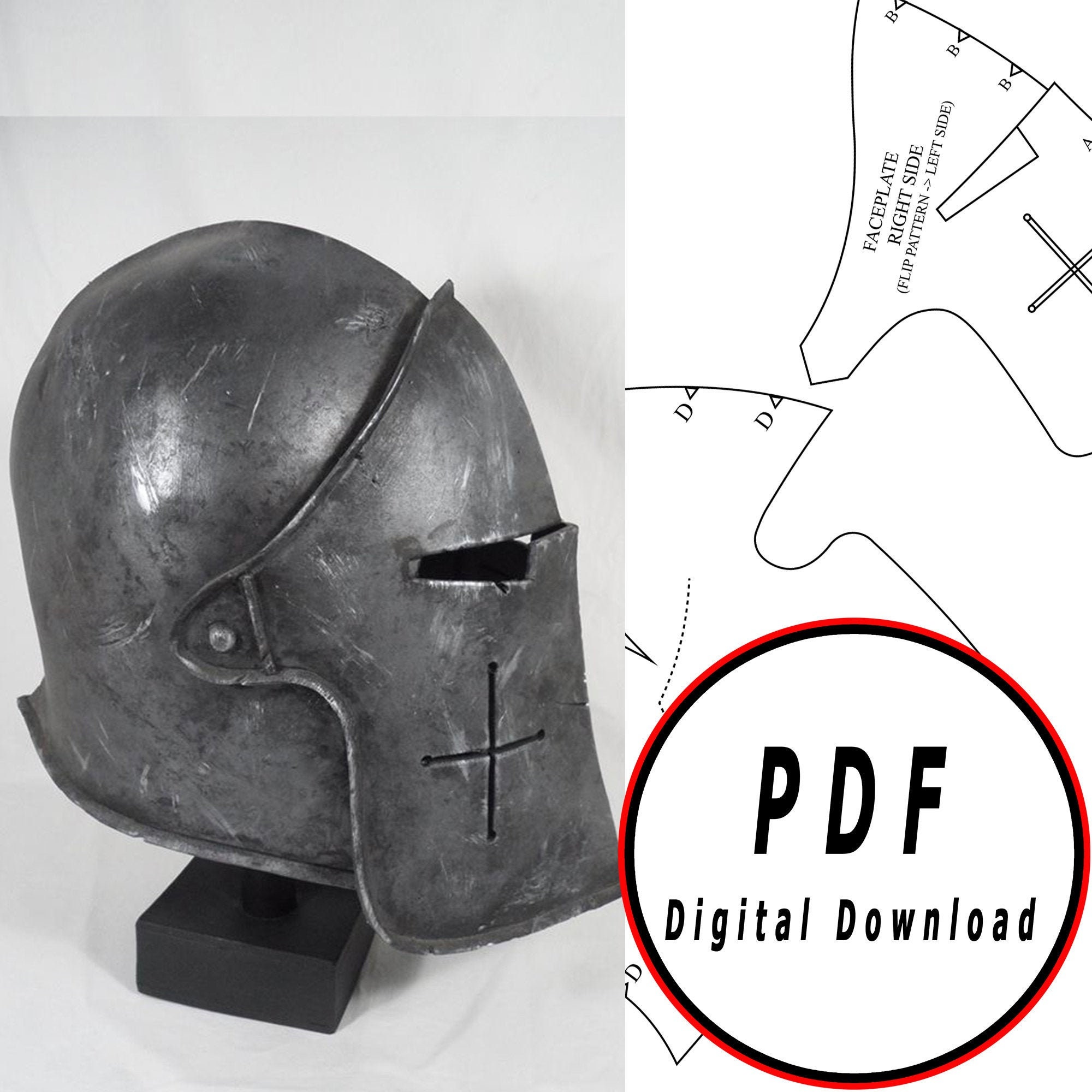 Diy knight barbute eva foam helmet warden template pattern blueprint pdf vector printable digital download cosplay costume larp