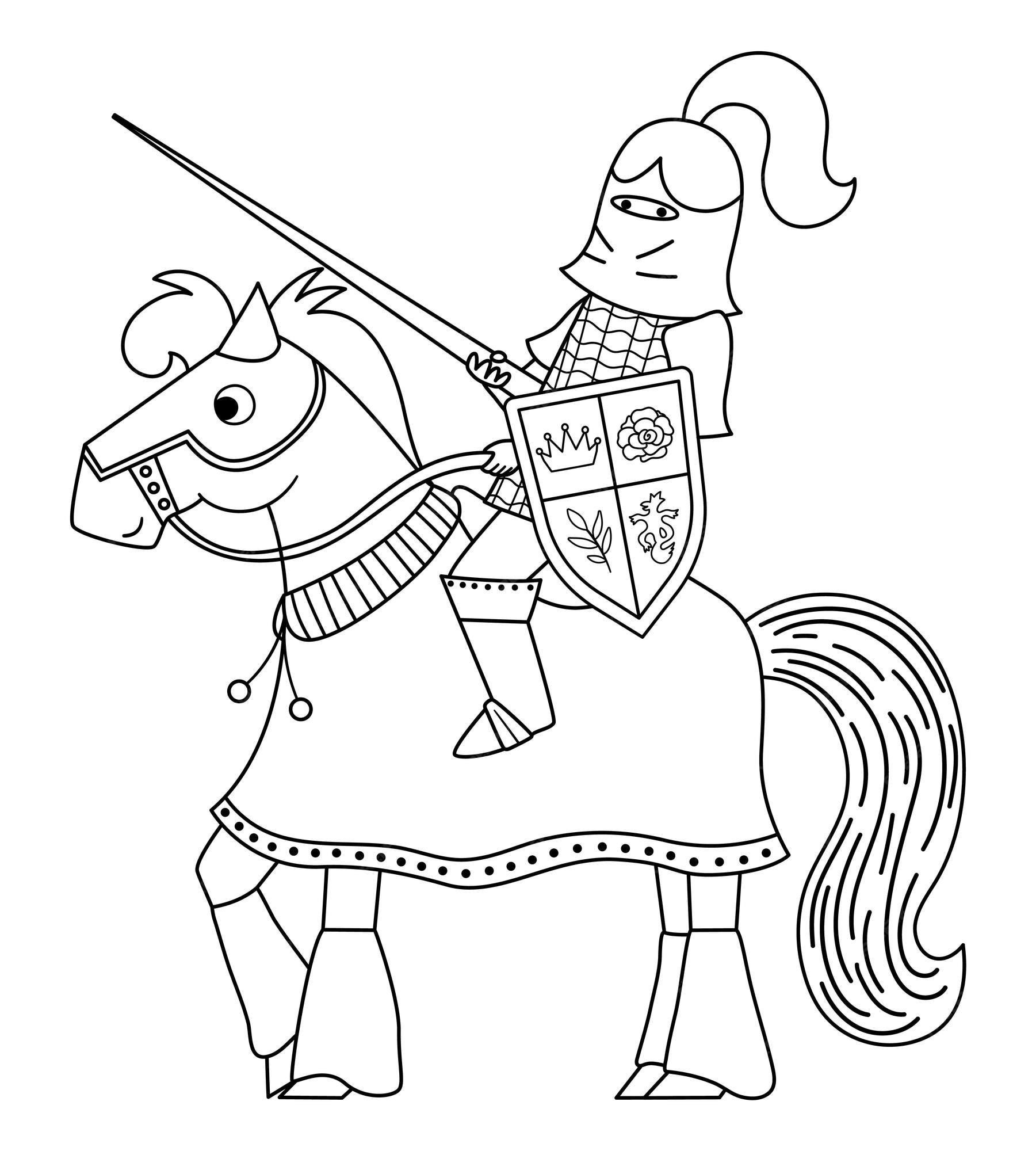 Premium vector fairy tale black and white knight on a horse fantasy line armored warrior coloring page fairytale soldier in helmet with sword shield cartoon icon with medieval character and weaponxa