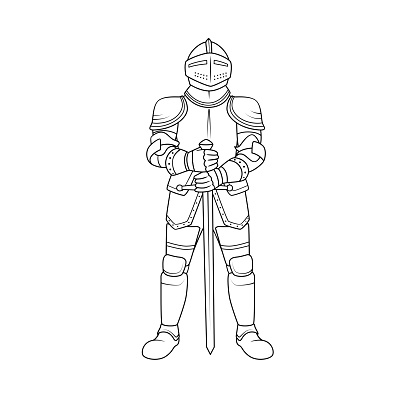 Black and white vector illustration of childrens activity coloring book pages with pictures of character knight stock illustration