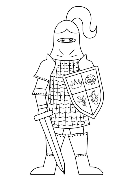 Premium vector fairy tale black and white knight fantasy line armored warrior isolated on white background fairytale soldier in helmet with sword shield chain mail cartoon icon or coloring page with