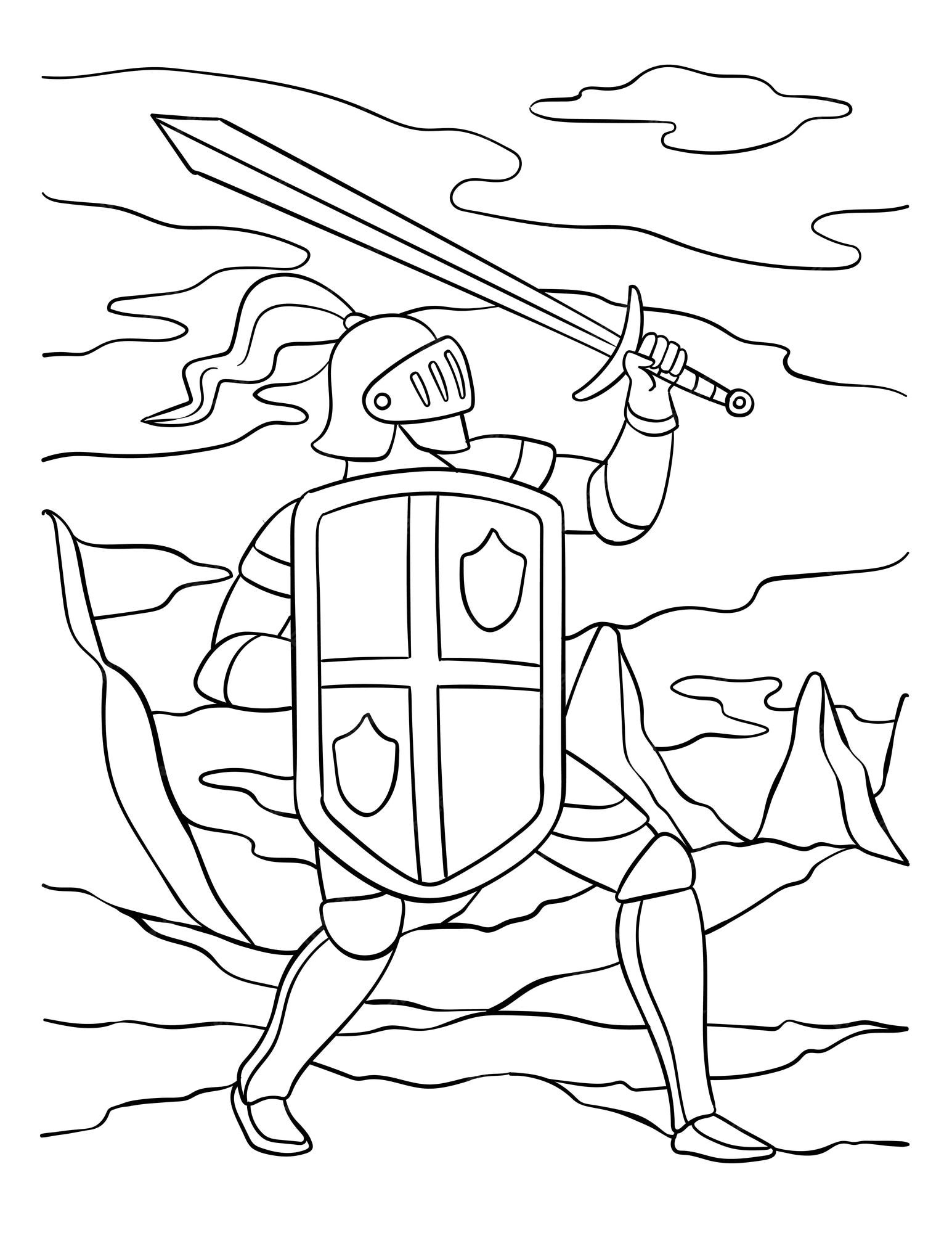 Premium vector knight attacking pose coloring page for kids