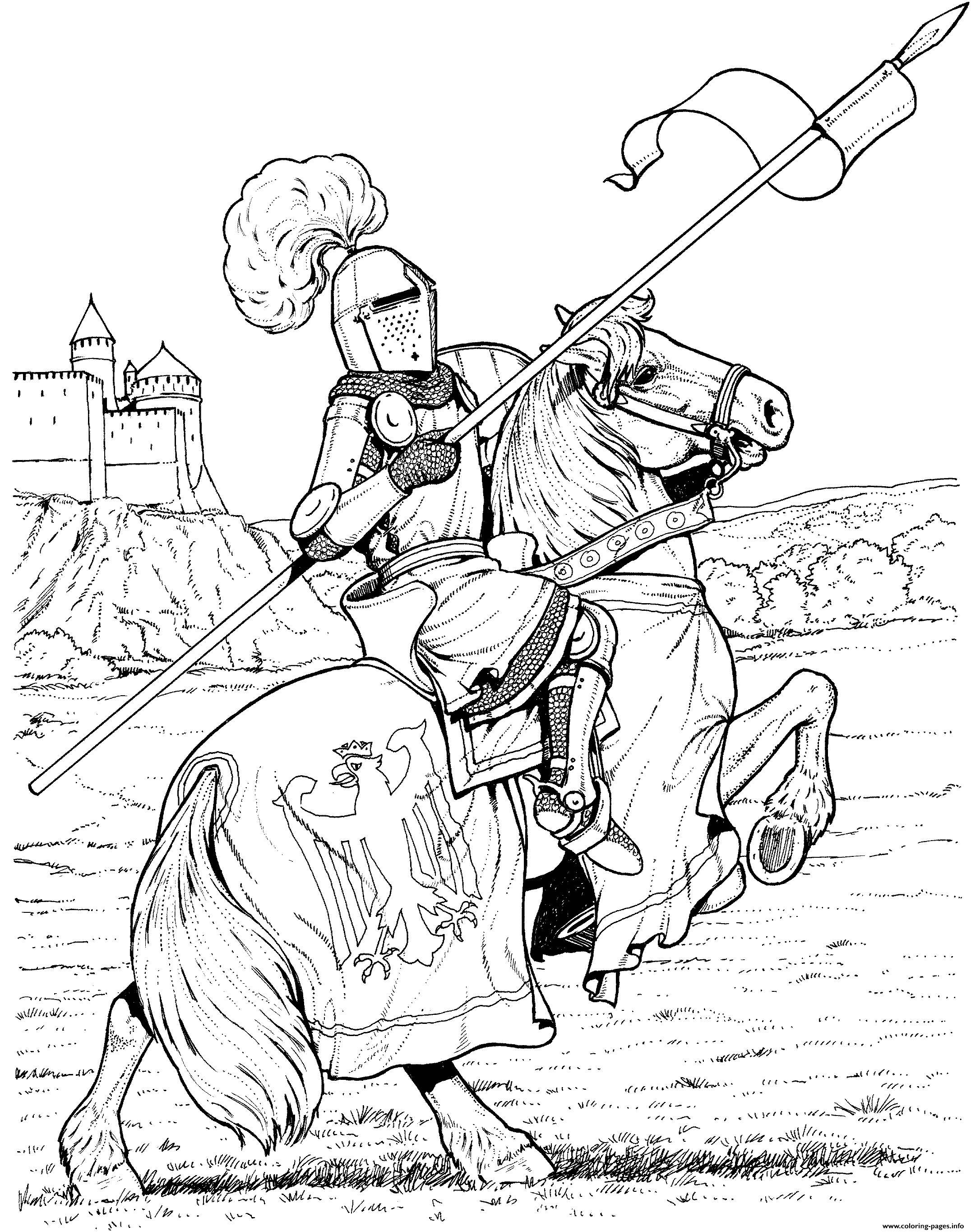 Medieval horse and knight coloring page printable