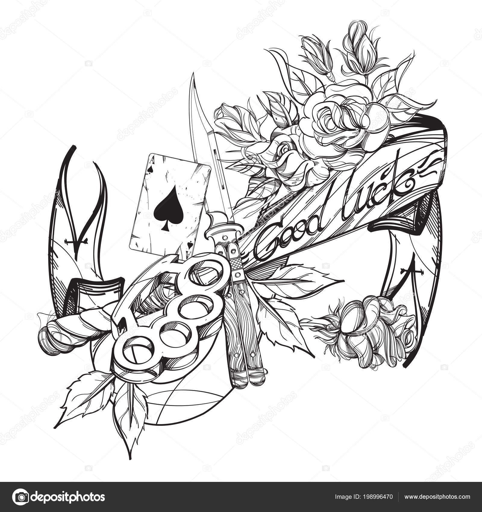 Dagger brass knuckle baseball bat contour drawing coloring tattooing stock vector by filkusto