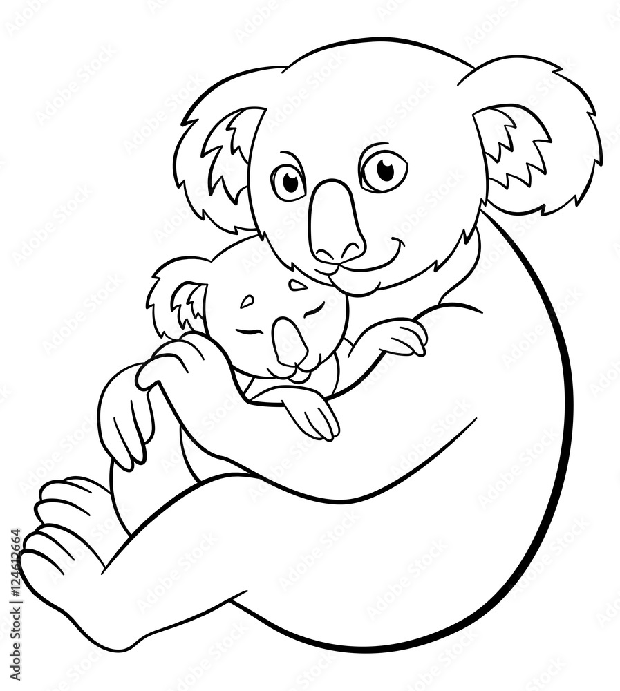 Coloring pages mother koala with her cute sleeping baby vector