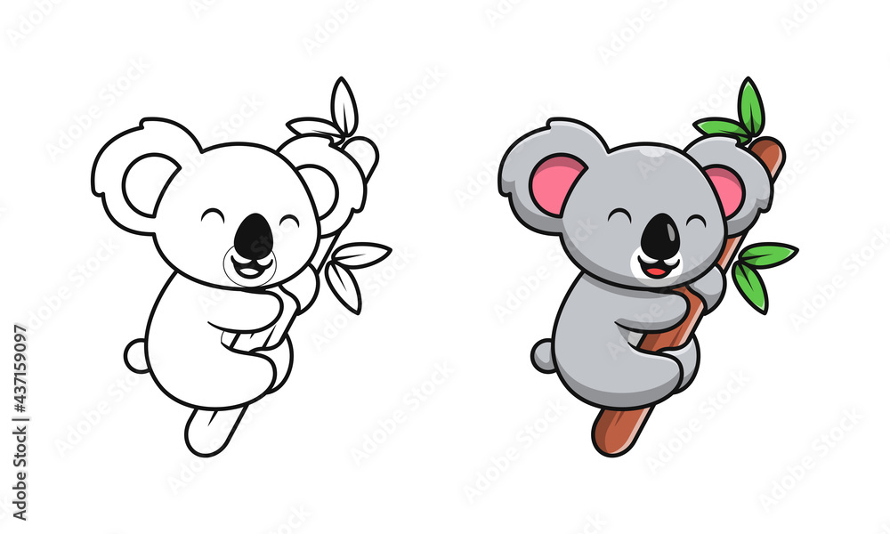 Cute koala on wood cartoon coloring pages for kids vector